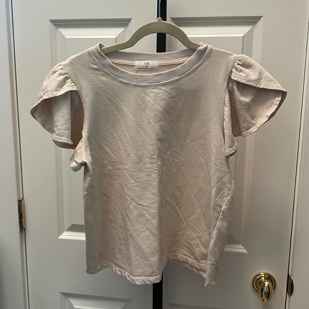 Anthropologie T.LA Ruffle Short Sleeve Top in Oatmeal NEW - Picture 2 of 6